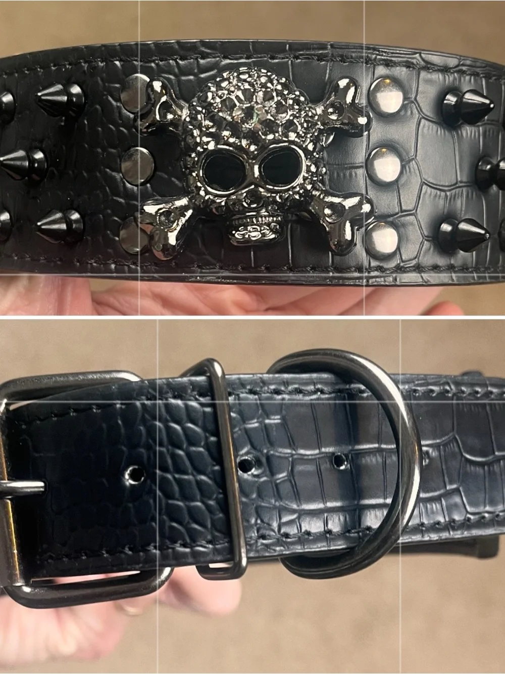 Skull Crossbones Spiked Studded Dog Collar Goth Punk Black Halloween 19-22” NWOT